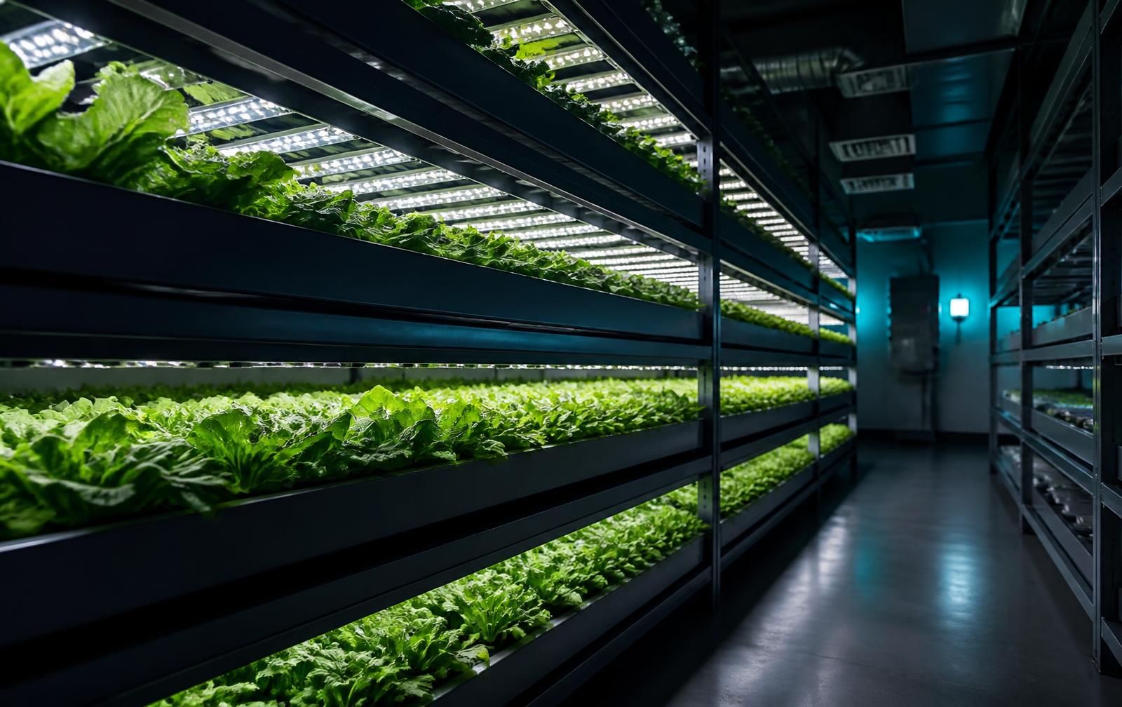 Vertical farm indoor con scaffalature multipiano e luci LED